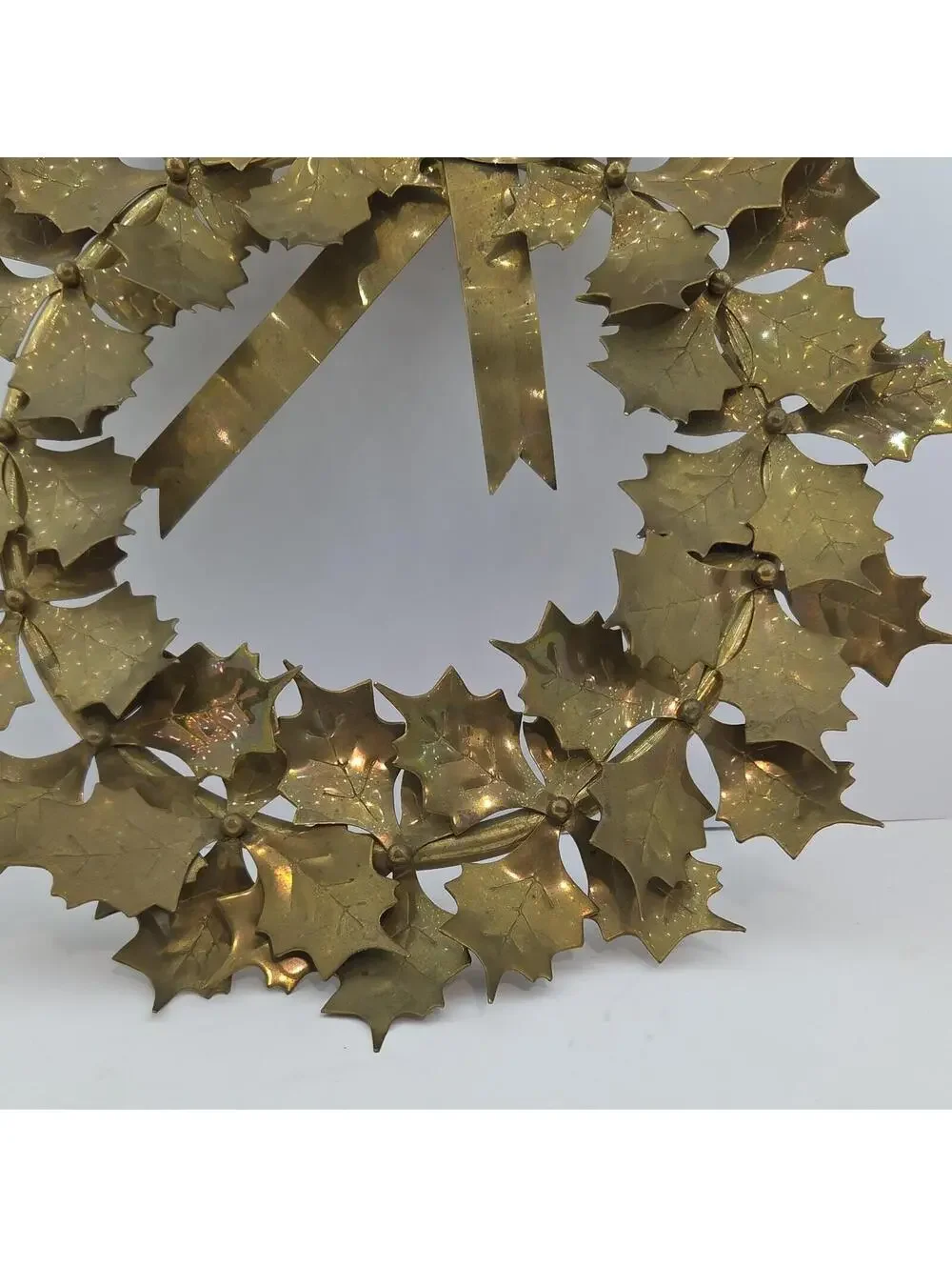 Vintage 1970s Solid Brass Christmas Wreath 15” Montgomery Ward Holly Decor